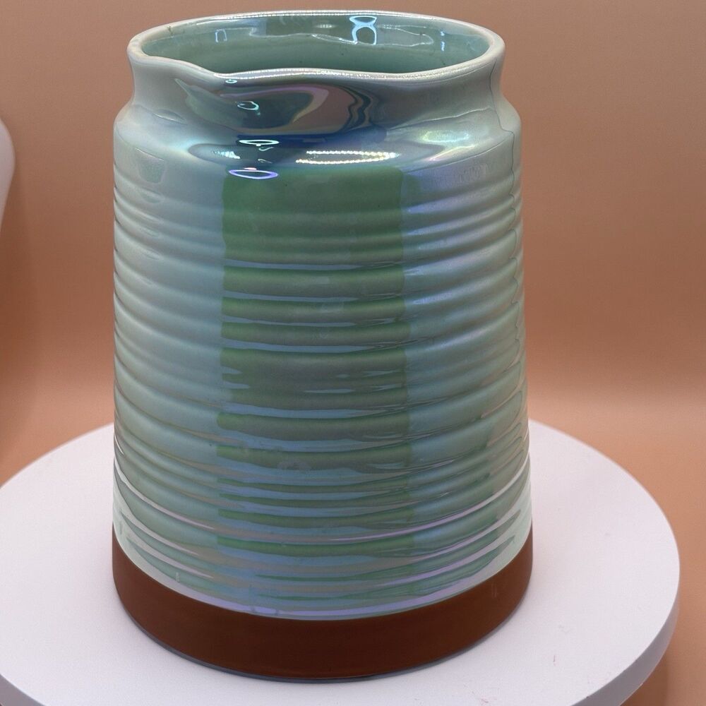 TELEFLORA GIFT GREEN LUSTERWARE PITCHER TERRA COTTA BASE 6.25 INCHES
